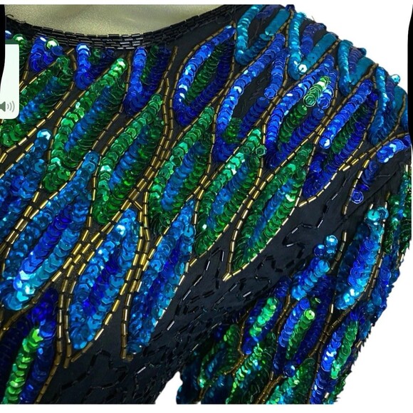 Stenay Vintage Dress 16 Sequins Silk Short Sleeve Beaded Peacock Design Cocktail - Picture 8 of 16